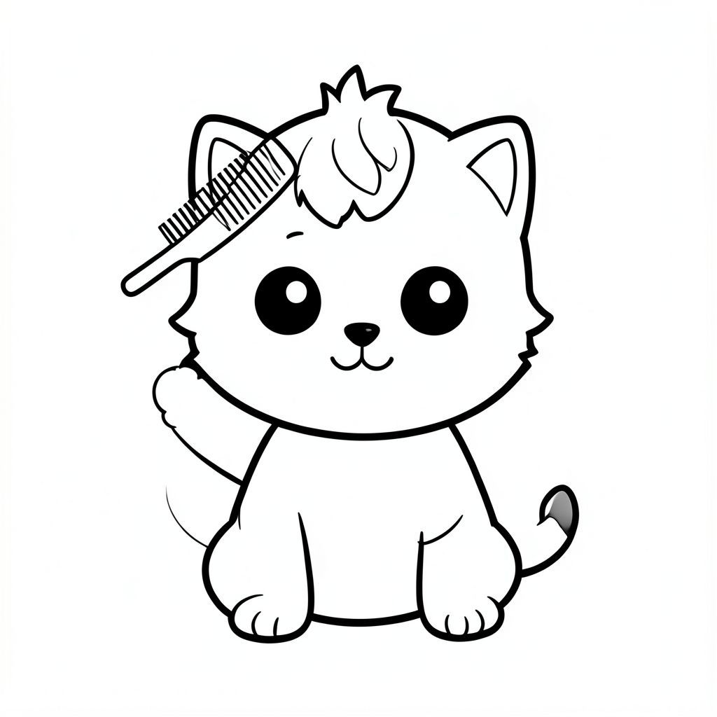 Kawaii baby cat combing its hair using a simple comb, combing with right hand, sitting front-facing, very big round head, tiny small body, short legs, small paws, large simple eyes, cute smiling face, tiny nose, chubby cheeks, small fluffy tuft of hair on top, rounded soft shapes, no sharp edges, simple and clear pose, minimal background (just a small mirror or empty space),  centered composition.
Each page should feature kawaii baby cat illustration.
Bold, thick clean outlines with consistent line weight.
Large open spaces for easy coloring.
Very simple design for kids aged 3 to 6 years.
No shading, no grayscale, no color, no textures.
No extra details, no complex elements.
No text, words, letters, or numbers.
--ar 2:3