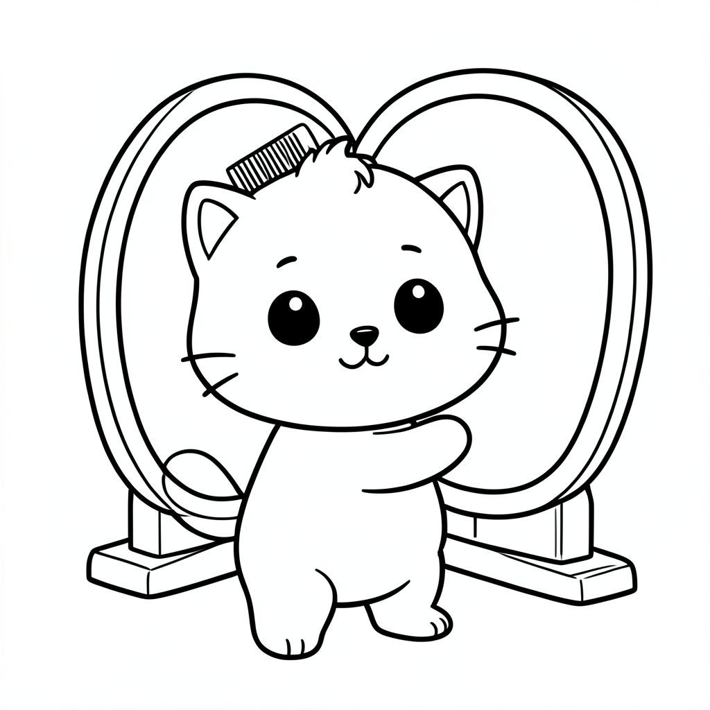 Baby cat combing its hair using a simple comb while standing in front of a mirror, cute kawaii style, very big round head, tiny small body, short legs, small paws, large simple eyes, smiling face, tiny nose, chubby cheeks, soft rounded shapes, small fluffy tuft of hair on top, simple short whiskers, mirror placed in front with minimal frame,  baby cat facing forward, holding comb near head in a clear easy pose, minimal background, large open spaces for coloring, bold thick clean outlines, consistent line weight, no shading, no grayscale, no color, no extra details, simple and easy for kids, --ar 2:3