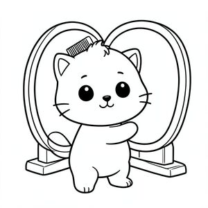 Baby cat combing its hair using a simple comb while standing in front of a mirror, cute kawaii style, very big round head, tiny small body, short legs, small paws, large simple eyes, smiling face, tiny nose, chubby cheeks, soft rounded shapes, small fluffy tuft of hair on top, simple short whiskers, mirror placed in front with minimal frame,  baby cat facing forward, holding comb near head in a clear easy pose, minimal background, large open spaces for coloring, bold thick clean outlines, consistent line weight, no shading, no grayscale, no color, no extra details, simple and easy for kids, --ar 2:3