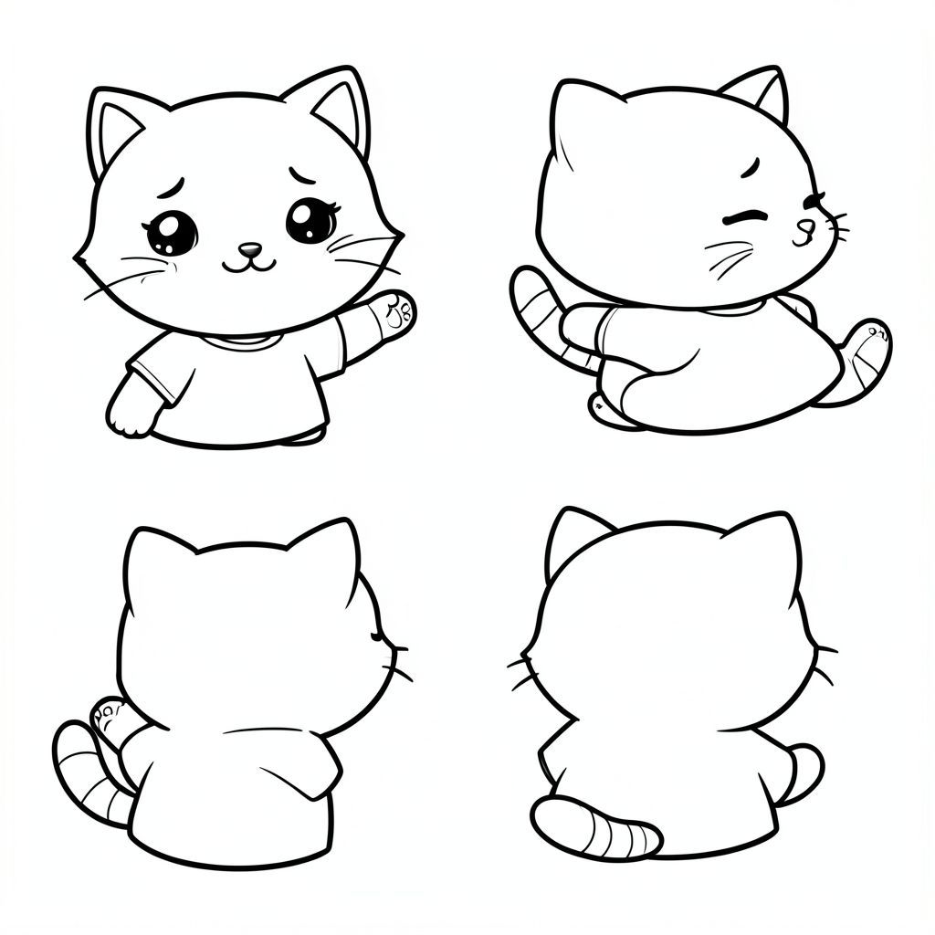 Mèo con mặc áo sơ mi, thức dậy và duỗi người, biểu cảm dễ thương buồn ngủ.
Nhân vật mèo con Kawaii, thiết kế hoàn toàn nhất quán, đầu tròn rất to, thân nhỏ gọn, chân ngắn, bàn chân tròn nhỏ, dáng người đơn giản mượt mà, không có búi lông trên đầu (đầu hoàn toàn mượt mà), 
Tai hình tam giác nhỏ, mắt to tròn với điểm nhấn màu trắng, mũi hình bầu dục nhỏ, miệng cười cong nhỏ, má mũm mĩm với những vòng tròn nhỏ ửng hồng, râu ngắn đơn giản (mỗi bên 3 dòng), đuôi ngắn 
và hơi cong với hoa văn sọc đơn giản. Nhân vật có thể ở các tư thế và góc độ khác nhau (phía trước, bên cạnh, góc nhìn 3/4) tùy thuộc vào hoạt động, hướng khuôn mặt linh hoạt (không cố định mặt trước) nhưng khuôn mặt 
Các tính năng phải giống hệt nhau về kiểu dáng, kích thước và vị trí. Mặc một chiếc áo sơ mi trơn đơn giản (không có hoa văn, không logo). Đường viền sạch sẽ dày đậm, trọng lượng đường đồng đều, các cạnh tròn mịn, chi tiết bên trong tối thiểu, 
Không gian mở rộng rãi để dễ dàng tô màu, nền rất đơn giản chỉ khi cần. Chỉ nghệ thuật đường nét đen trắng, không màu, không đổ bóng, không thang độ xám, không kết cấu, không hiện thực, không thêm chi tiết.
Phong cách dễ thương, thân thiện, an toàn cho trẻ em dành cho lứa tuổi từ 3 đến 6. --ar 2: 3 "Độ phân giải 300 DPI

