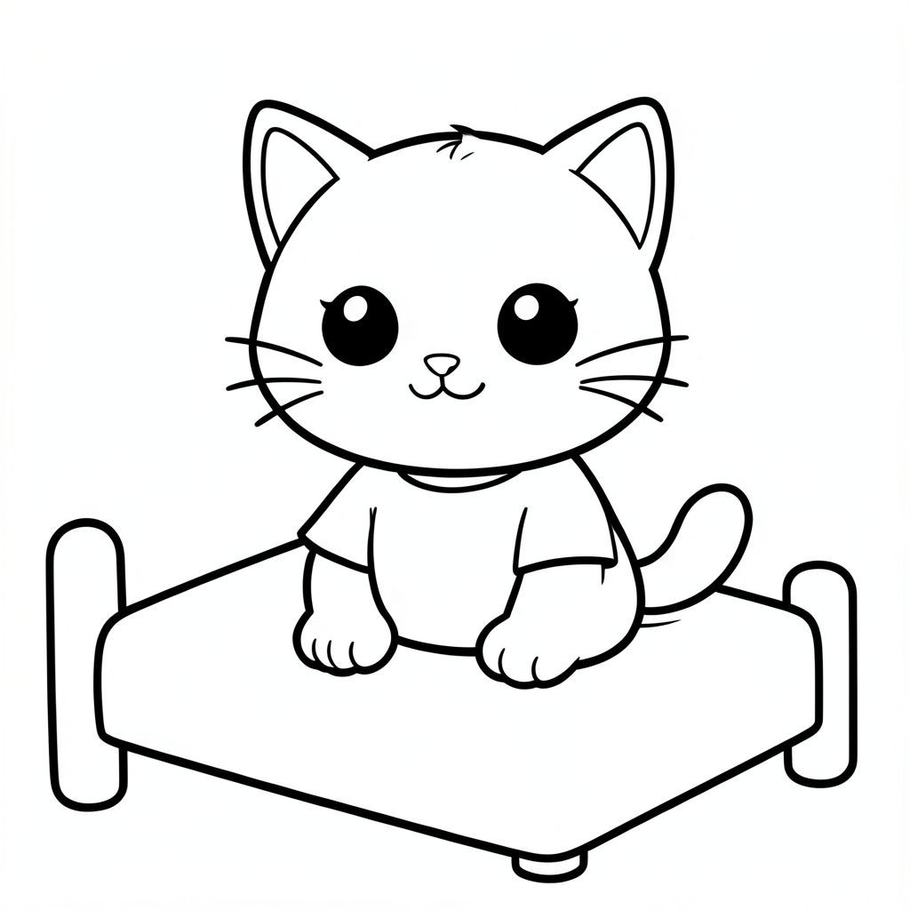 Baby cat waking up, sitting on a simple bed, smiling face,
Kawaii baby cat character, very big round head, small chubby body, short legs, small rounded paws, sitting position, always front-facing, large round black eyes with white shine, tiny triangle nose, small smiling mouth, soft chubby cheeks, 3 short whiskers on each side, small upright ears with inner detail, simple tail curved to the side, smooth rounded body,  no fur texture, baby cat wearing a simple plain shirt
Style: thick bold clean outline, consistent line weight, simple shapes, minimal details, large open spaces for easy coloring, no shading, no grayscale, no color, no extra details, kid-friendly illustration, ages 3 to 6, coloring book style --ar 2:3