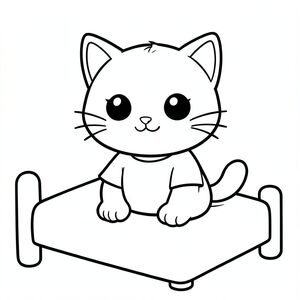 Baby cat waking up, sitting on a simple bed, smiling face,
Kawaii baby cat character, very big round head, small chubby body, short legs, small rounded paws, sitting position, always front-facing, large round black eyes with white shine, tiny triangle nose, small smiling mouth, soft chubby cheeks, 3 short whiskers on each side, small upright ears with inner detail, simple tail curved to the side, smooth rounded body,  no fur texture, baby cat wearing a simple plain shirt
Style: thick bold clean outline, consistent line weight, simple shapes, minimal details, large open spaces for easy coloring, no shading, no grayscale, no color, no extra details, kid-friendly illustration, ages 3 to 6, coloring book style --ar 2:3