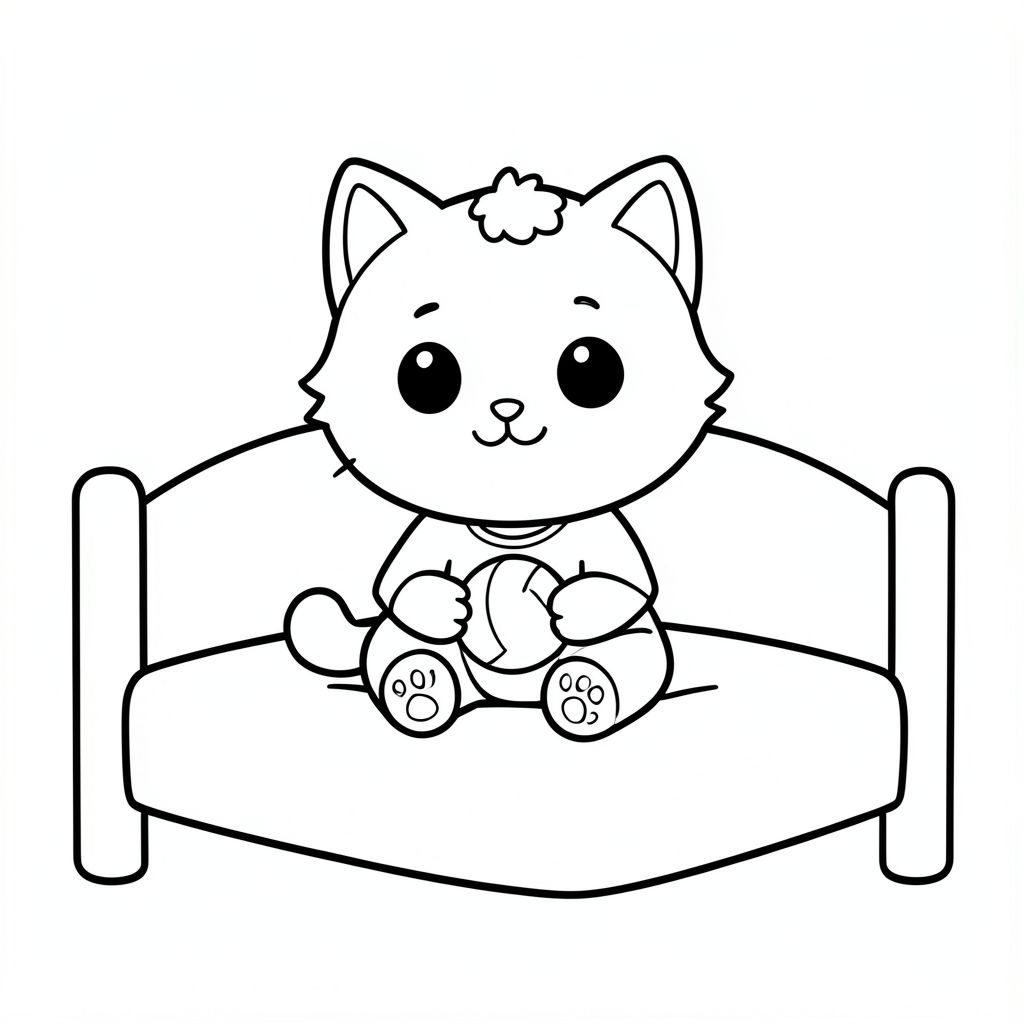 Baby cat waking up, sitting on a simple bed, smiling face, Baby cat wearing a simple shirt, sitting and front-facing, holding a small toy ball, kawaii style, very big round head, tiny body, short legs, small paws, large simple eyes, cute smiling face, tiny nose, chubby cheeks, 
soft rounded shapes, thick bold clean outlines, consistent line weight, minimal simple background, large open spaces for easy coloring, no shading, no grayscale, no color, no extra details, kid-friendly illustration, 
ages 3 to 6 --ar 2:3
