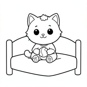 Baby cat waking up, sitting on a simple bed, smiling face, Baby cat wearing a simple shirt, sitting and front-facing, holding a small toy ball, kawaii style, very big round head, tiny body, short legs, small paws, large simple eyes, cute smiling face, tiny nose, chubby cheeks, 
soft rounded shapes, thick bold clean outlines, consistent line weight, minimal simple background, large open spaces for easy coloring, no shading, no grayscale, no color, no extra details, kid-friendly illustration, 
ages 3 to 6 --ar 2:3

