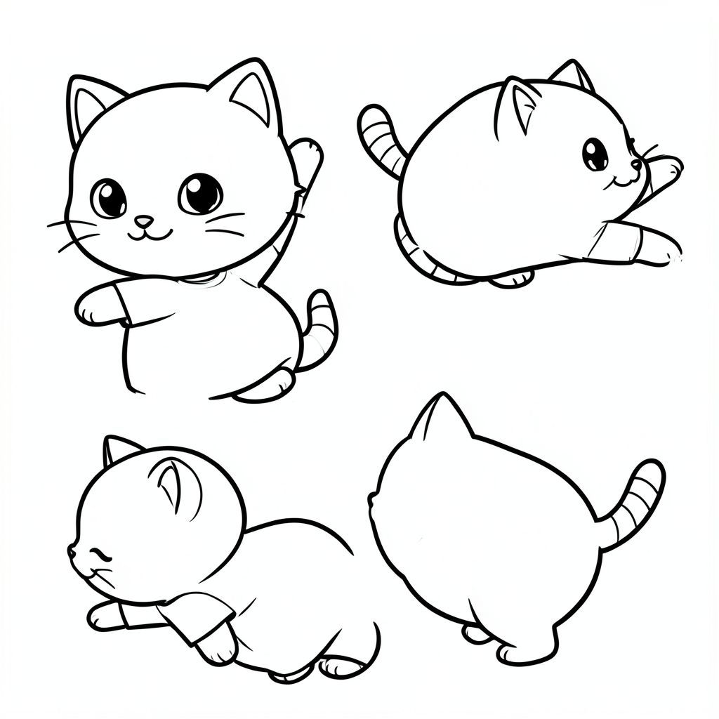 Mèo con thức dậy vào buổi sáng

Nhân vật mèo con Kawaii, thiết kế hoàn toàn nhất quán, đầu tròn rất to, thân nhỏ gọn, chân ngắn, bàn chân tròn nhỏ, dáng người đơn giản mượt mà, không có búi lông trên đầu (đầu hoàn toàn mượt), tai hình tam giác nhỏ, mắt tròn to với điểm nhấn màu trắng, mũi hình bầu dục nhỏ, miệng cười cong nhỏ, má mũm mĩm với những vòng tròn nhỏ ửng hồng, râu ngắn đơn giản (mỗi bên 3 dòng),  đuôi ngắn và hơi cong với hoa văn sọc đơn giản. Nhân vật có thể ở các tư thế và góc độ khác nhau (phía trước, bên cạnh, góc nhìn 3/4) tùy thuộc vào hoạt động, hướng khuôn mặt linh hoạt (không cố định mặt trước) nhưng các đặc điểm trên khuôn mặt phải giống hệt nhau về kiểu dáng, kích thước và vị trí. Mặc một chiếc áo sơ mi trơn đơn giản (không có hoa văn, không logo). Đường viền sạch sẽ dày đậm, độ dày đường nét đồng đều, các cạnh tròn mịn, chi tiết bên trong tối thiểu, không gian mở rộng để dễ dàng tô màu, nền rất đơn giản chỉ khi cần. Chỉ nghệ thuật đường nét đen trắng, không màu, không đổ bóng, không thang độ xám, không kết cấu, không hiện thực, không thêm chi tiết. Phong cách dễ thương, thân thiện, an toàn cho trẻ em dành cho lứa tuổi từ 3 đến 6. --ar 2:3 300 DPI
Hoạt động: Mèo con kéo giãn sau khi thức dậy trên giường.