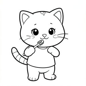 Activity: Baby Cat standing in bathroom holding a toothbrush and brushing teeth.
Kawaii baby cat character, perfectly consistent design, very big round head, small compact body, short legs, small rounded paws, smooth simple body shape, no hair tuft on head (completely smooth head), small triangular ears, large round eyes with white highlights, tiny oval nose, small curved smiling mouth, chubby cheeks with small blush circles, short simple whiskers (3 lines each side),  tail short and slightly curved with simple stripe pattern. Character can be in different poses and angles (front, side, 3/4 view) depending on activity, face direction flexible (not fixed front-facing) but facial features must remain identical in style, size, and placement. Wearing a simple plain shirt (no patterns, no logos). Bold thick clean outlines, uniform line weight, smooth rounded edges, minimal inner details, large open spaces for easy coloring, very simple background only if needed. Black and white line art only, no color, no shading, no grayscale, no texture, no realism, no extra details. Cute, friendly, kid-safe style for ages 3 to 6. --ar 2:3 300 DPI