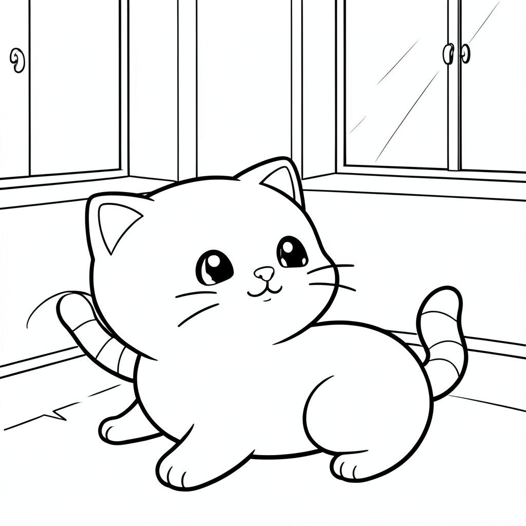 Mèo con thức dậy dưới ánh nắng ban mai

Nhân vật mèo con Kawaii, thiết kế hoàn toàn nhất quán, đầu tròn rất to, thân nhỏ gọn, chân ngắn, bàn chân tròn nhỏ, dáng người đơn giản mượt mà, không có búi lông trên đầu (đầu hoàn toàn mượt), tai hình tam giác nhỏ, mắt tròn to với điểm nhấn màu trắng, mũi hình bầu dục nhỏ, miệng cười cong nhỏ, má mũm mĩm, râu ngắn đơn giản (mỗi bên 3 dòng),  đuôi ngắn và hơi cong với hoa văn sọc đơn giản. Nhân vật có thể ở các tư thế và góc độ khác nhau (phía trước, bên cạnh, góc nhìn 3/4) tùy thuộc vào hoạt động, hướng khuôn mặt linh hoạt (không cố định mặt trước) nhưng các đặc điểm trên khuôn mặt phải giống hệt nhau về kiểu dáng, kích thước và vị trí. Đường viền sạch sẽ dày đậm, độ dày đường nét đồng đều, các cạnh tròn mịn, chi tiết bên trong tối thiểu, không gian mở rộng để dễ dàng tô màu, nền rất đơn giản chỉ khi cần. Chỉ nghệ thuật đường nét đen trắng, không màu, không đổ bóng, không thang độ xám, không kết cấu, không hiện thực, không thêm chi tiết. Phong cách dễ thương, thân thiện, an toàn cho trẻ em dành cho lứa tuổi từ 3 đến 6. --AR 2:3

Mèo con đang vươn mình và thức dậy trong một căn phòng buổi sáng ấm cúng với một chiếc giường nhỏ và ánh nắng dịu nhẹ chiếu từ cửa sổ.