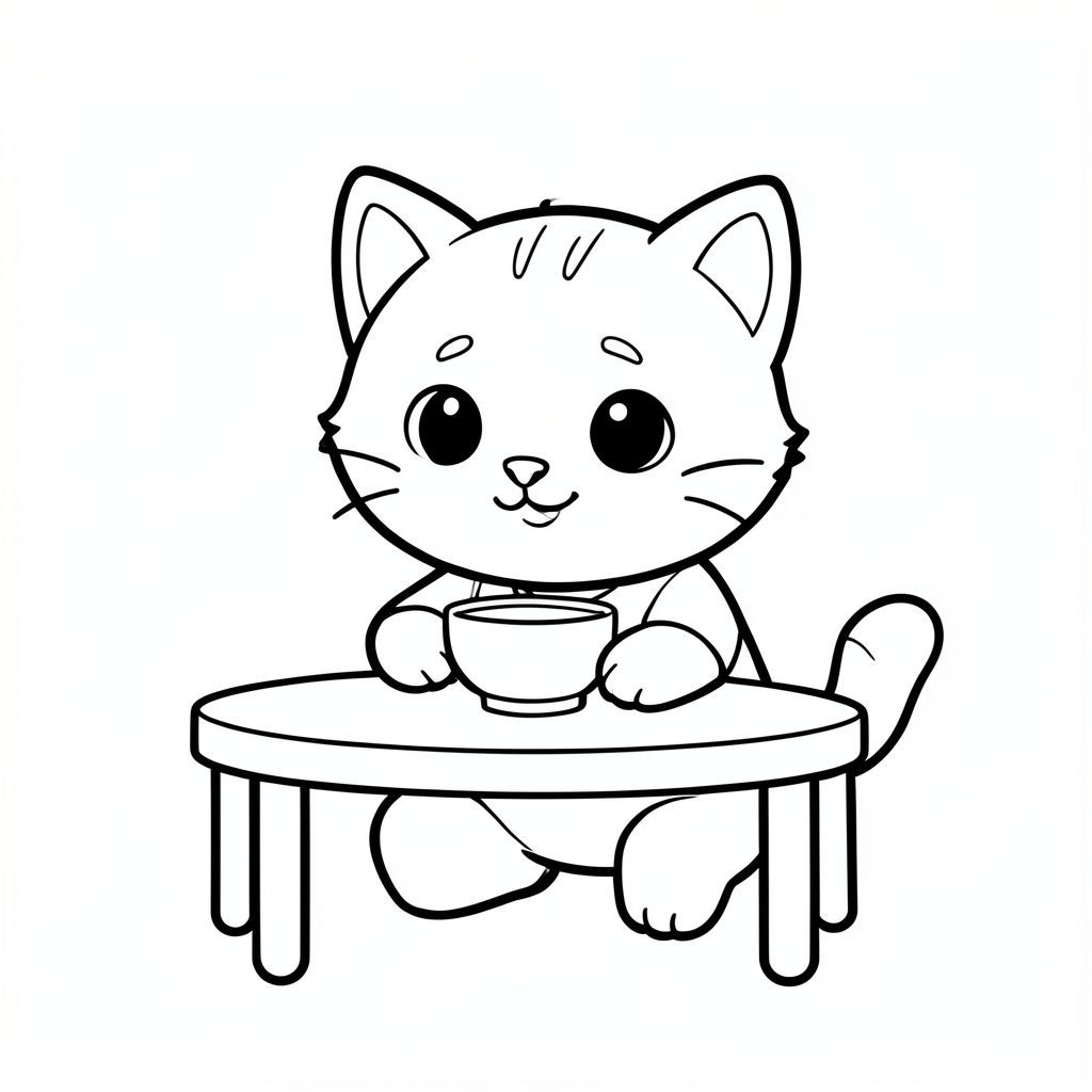 Eating Breakfast Baby cat eating from a small bowl, sitting at simple table, Kawaii baby cat character, big round head, tiny compact body, short legs, small rounded paws, smooth simple body shape, simple cute pose matching activity, large round eyes, small black nose, cute smiling mouth, chubby cheeks.

Three small forehead lines, simple short whiskers, small triangular ears with inner detail, smooth curved tail. Wearing a simple plain shirt.

Thick bold clean outline, consistent line weight, black and white line art only. No color, no shading, no grayscale, no texture.

Minimal simple background with large open white spaces for easy coloring. Child-friendly, cute, and easy shapes for ages 3 to 6 years.

--ar 2:3