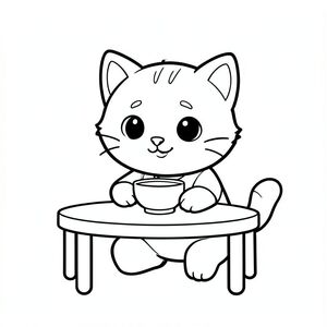 Eating Breakfast Baby cat eating from a small bowl, sitting at simple table, Kawaii baby cat character, big round head, tiny compact body, short legs, small rounded paws, smooth simple body shape, simple cute pose matching activity, large round eyes, small black nose, cute smiling mouth, chubby cheeks.

Three small forehead lines, simple short whiskers, small triangular ears with inner detail, smooth curved tail. Wearing a simple plain shirt.

Thick bold clean outline, consistent line weight, black and white line art only. No color, no shading, no grayscale, no texture.

Minimal simple background with large open white spaces for easy coloring. Child-friendly, cute, and easy shapes for ages 3 to 6 years.

--ar 2:3