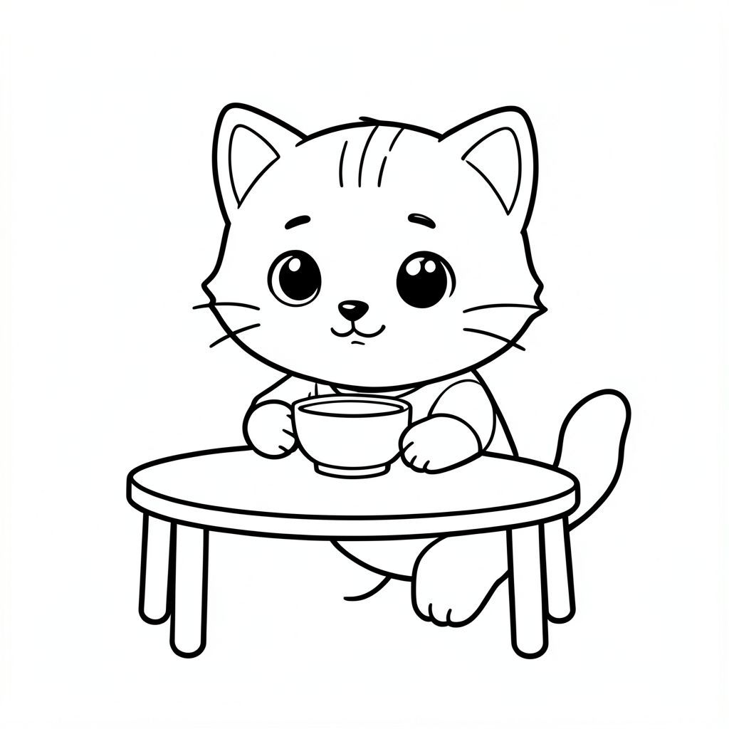 Eating Breakfast Baby cat eating from a small bowl, sitting at simple table, Kawaii baby cat, big round head, tiny body, short legs, small paws, simple cute pose matching activity, large round eyes, small black nose, cute smile, chubby cheeks, 3 small lines on forehead, simple whiskers, small ears with inner detail, smooth tail curved, wearing simple shirt,  thick bold clean outline, same line weight, no color, no shading, no grayscale, no extra detail, large open spaces, simple background, kid friendly style, ages 3 to 6 --ar 2:3