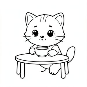 Eating Breakfast Baby cat eating from a small bowl, sitting at simple table, Kawaii baby cat, big round head, tiny body, short legs, small paws, simple cute pose matching activity, large round eyes, small black nose, cute smile, chubby cheeks, 3 small lines on forehead, simple whiskers, small ears with inner detail, smooth tail curved, wearing simple shirt,  thick bold clean outline, same line weight, no color, no shading, no grayscale, no extra detail, large open spaces, simple background, kid friendly style, ages 3 to 6 --ar 2:3