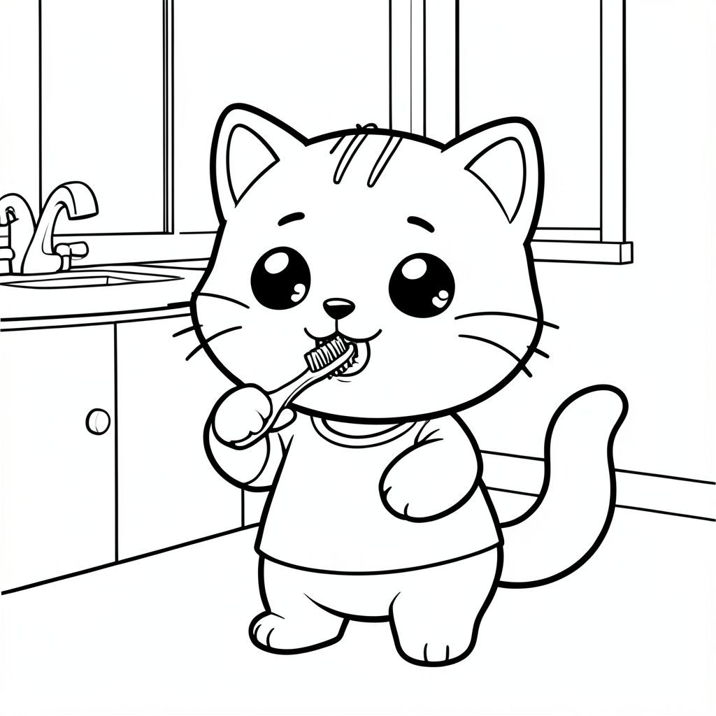 Brushing Teeth Baby cat brushing teeth with a small toothbrush, simple bathroom scene, Kawaii baby cat, big round head, tiny body, short legs, small paws, simple cute pose matching activity, large round eyes, small black nose, cute smile, chubby cheeks, 3 small lines on forehead, simple whiskers, 
small ears with inner detail, smooth tail curved, wearing simple shirt, thick bold clean outline, same line weight, no color, no shading, no grayscale, no extra detail, large open spaces, simple background, 
kid friendly style, ages 3 to 6 --ar 2:3