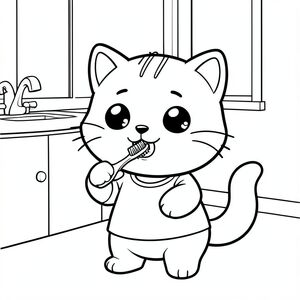 Brushing Teeth Baby cat brushing teeth with a small toothbrush, simple bathroom scene, Kawaii baby cat, big round head, tiny body, short legs, small paws, simple cute pose matching activity, large round eyes, small black nose, cute smile, chubby cheeks, 3 small lines on forehead, simple whiskers, 
small ears with inner detail, smooth tail curved, wearing simple shirt, thick bold clean outline, same line weight, no color, no shading, no grayscale, no extra detail, large open spaces, simple background, 
kid friendly style, ages 3 to 6 --ar 2:3