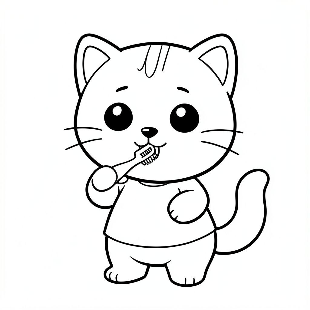Brushing Teeth Baby cat brushing teeth with a small toothbrush, Kawaii baby cat, big round head, tiny body, short legs, small paws, simple cute pose matching activity, large round eyes, small black nose, cute smile, chubby cheeks, 3 small lines on forehead, simple whiskers, 
small ears with inner detail, smooth tail curved, wearing simple shirt, thick bold clean outline, same line weight, no color, no shading, no grayscale, no extra detail, large open spaces, simple background, 
kid friendly style, ages 3 to 6 --ar 2:3
