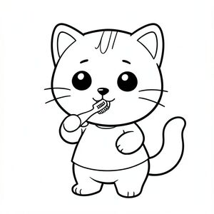 Brushing Teeth Baby cat brushing teeth with a small toothbrush, Kawaii baby cat, big round head, tiny body, short legs, small paws, simple cute pose matching activity, large round eyes, small black nose, cute smile, chubby cheeks, 3 small lines on forehead, simple whiskers, 
small ears with inner detail, smooth tail curved, wearing simple shirt, thick bold clean outline, same line weight, no color, no shading, no grayscale, no extra detail, large open spaces, simple background, 
kid friendly style, ages 3 to 6 --ar 2:3

