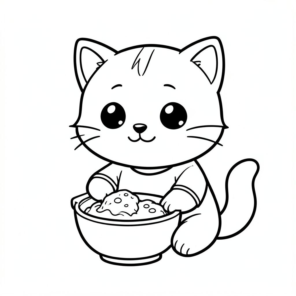 Baby cat sitting and eating simple breakfast in a bowl, Kawaii baby cat, big round head, tiny body, short legs, small paws, simple cute pose matching activity, large round eyes, small black nose, cute smile, chubby cheeks, 3 small lines on forehead, simple whiskers, 
small ears with inner detail, smooth tail curved, wearing simple shirt, thick bold clean outline, same line weight, no color, no shading, no grayscale, no extra detail, large open spaces, simple background, 
kid friendly style, ages 3 to 6 --ar 2:3