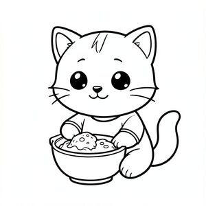 Baby cat sitting and eating simple breakfast in a bowl, Kawaii baby cat, big round head, tiny body, short legs, small paws, simple cute pose matching activity, large round eyes, small black nose, cute smile, chubby cheeks, 3 small lines on forehead, simple whiskers, 
small ears with inner detail, smooth tail curved, wearing simple shirt, thick bold clean outline, same line weight, no color, no shading, no grayscale, no extra detail, large open spaces, simple background, 
kid friendly style, ages 3 to 6 --ar 2:3