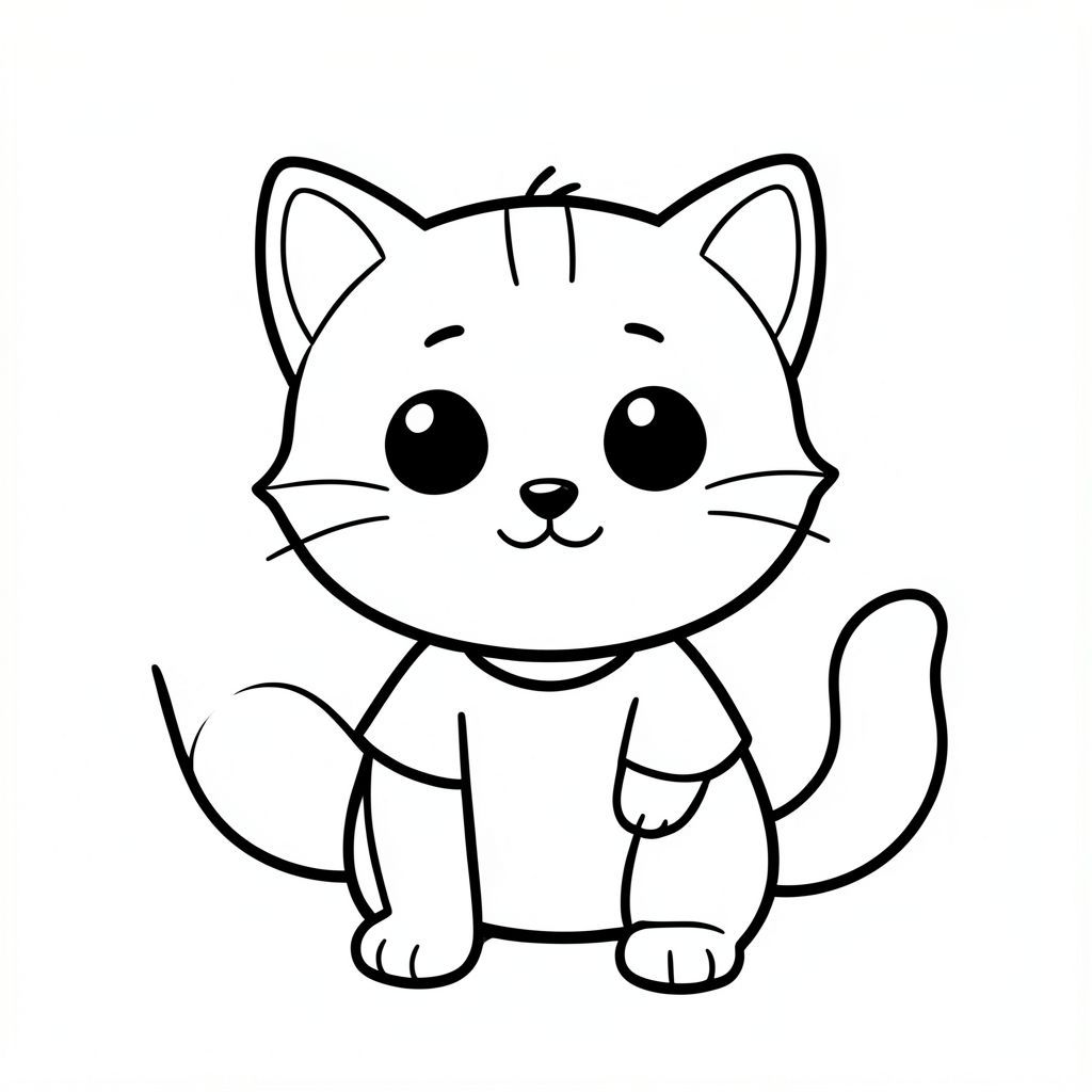 Baby Cat Waking Up from bed in the morning, Kawaii baby cat, big round head, tiny body, short legs, small paws, simple cute pose matching activity, large round eyes, small black nose, cute smile, chubby cheeks, 3 small lines on forehead, simple whiskers, 
small ears with inner detail, smooth tail curved, wearing simple shirt, thick bold clean outline, same line weight, no color, no shading, no grayscale, no extra detail, large open spaces, simple background, 
kid friendly style, ages 3 to 6 --ar 2:3
