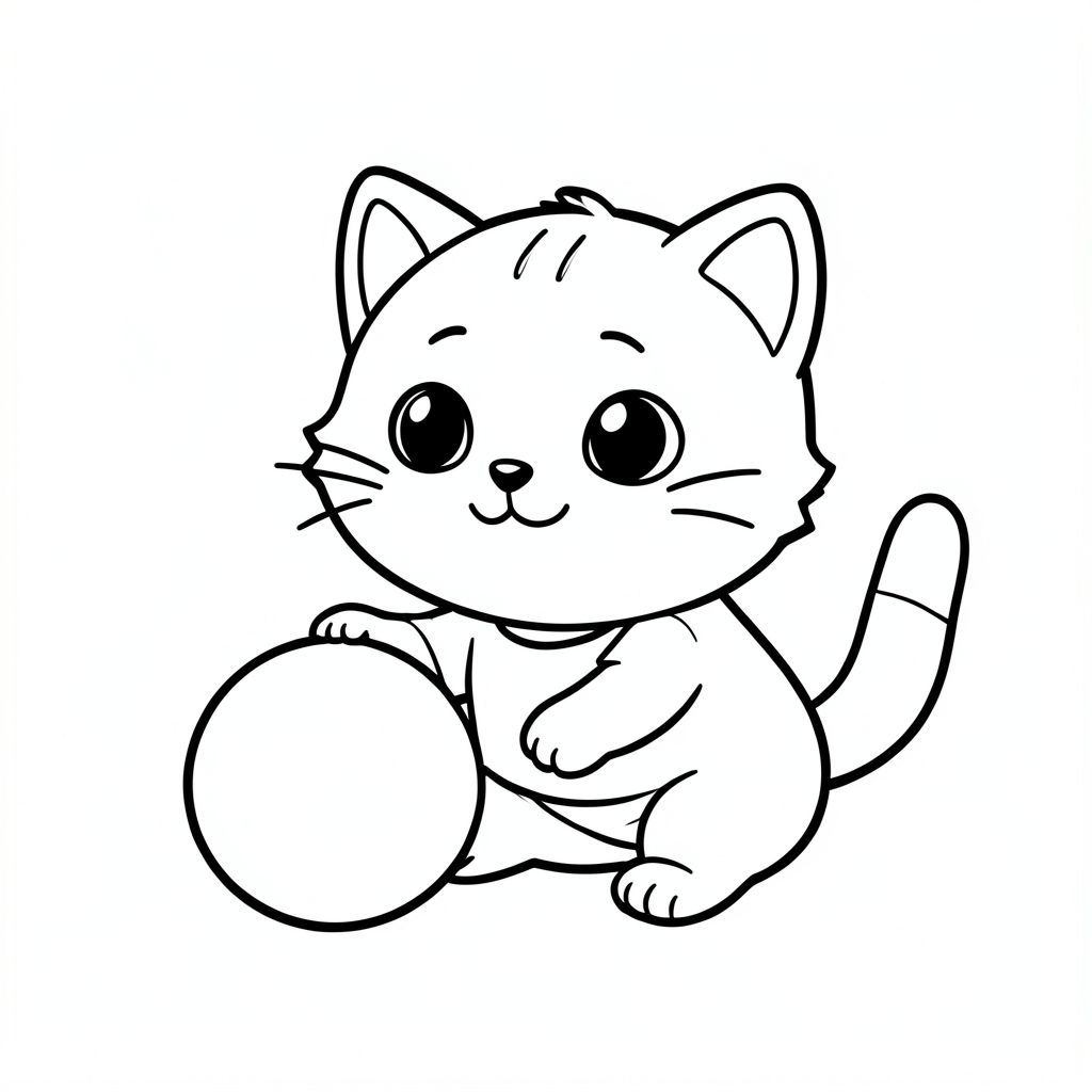 Baby cat playing with a round ball, Kawaii baby cat, big round head, tiny body, short legs, small paws, simple cute pose matching activity, large round eyes, small black nose, cute smile, chubby cheeks, 3 small lines on forehead, simple whiskers, 
small ears with inner detail, smooth tail curved, wearing simple shirt, thick bold clean outline, same line weight, no color, no shading, no grayscale, no extra detail, large open spaces, simple background, 
kid friendly style, ages 3 to 6 --ar 2:3
