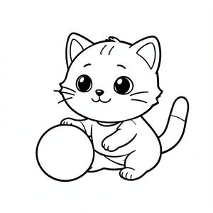 Baby cat playing with a round ball, Kawaii baby cat, big round head, tiny body, short legs, small paws, simple cute pose matching activity, large round eyes, small black nose, cute smile, chubby cheeks, 3 small lines on forehead, simple whiskers, 
small ears with inner detail, smooth tail curved, wearing simple shirt, thick bold clean outline, same line weight, no color, no shading, no grayscale, no extra detail, large open spaces, simple background, 
kid friendly style, ages 3 to 6 --ar 2:3
