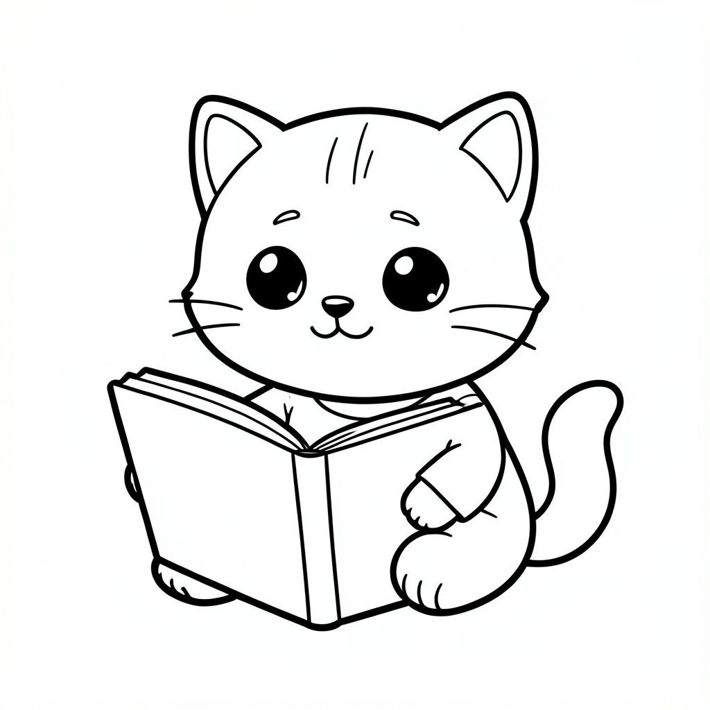 Baby cat sitting and reading a big simple book, Kawaii baby cat, big round head, tiny body, short legs, small paws, simple cute pose matching activity, large round eyes, small black nose, cute smile, chubby cheeks, 3 small lines on forehead, simple whiskers, 
small ears with inner detail, smooth tail curved, wearing simple shirt, thick bold clean outline, same line weight, no color, no shading, no grayscale, no extra detail, large open spaces, simple background, 
kid friendly style, ages 3 to 6 --ar 2:3
