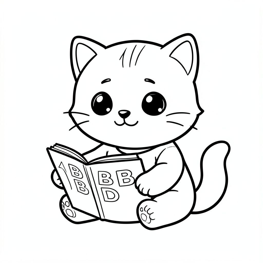 Baby cat sitting and reading a simple ABCD book, Kawaii baby cat, big round head, tiny body, short legs, small paws, simple cute pose matching activity, large round eyes, small black nose, cute smile, chubby cheeks, 3 small lines on forehead, simple whiskers, 
small ears with inner detail, smooth tail curved, wearing simple shirt, thick bold clean outline, same line weight, no color, no shading, no grayscale, no extra detail, large open spaces, simple background, 
kid friendly style, ages 3 to 6 --ar 2:3
