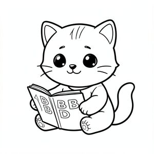 Baby cat sitting and reading a simple ABCD book, Kawaii baby cat, big round head, tiny body, short legs, small paws, simple cute pose matching activity, large round eyes, small black nose, cute smile, chubby cheeks, 3 small lines on forehead, simple whiskers, 
small ears with inner detail, smooth tail curved, wearing simple shirt, thick bold clean outline, same line weight, no color, no shading, no grayscale, no extra detail, large open spaces, simple background, 
kid friendly style, ages 3 to 6 --ar 2:3
