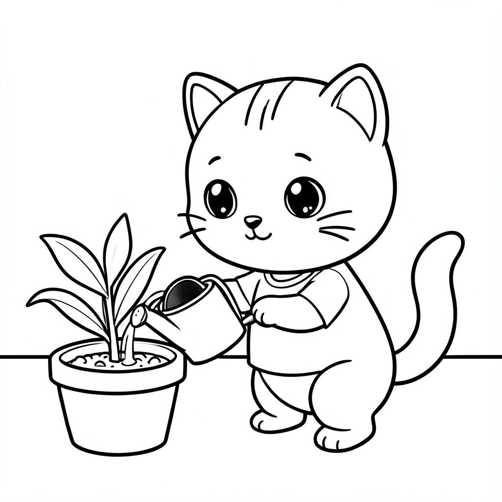 Mèo con cầm bình tưới nhỏ, tưới cây đơn giản trong chậu, góc vườn dễ thương, mèo con Kawaii, đầu tròn to, thân nhỏ, chân ngắn, bàn chân nhỏ, hoạt động ghép tư thế dễ thương đơn giản, mắt to tròn, mũi đen nhỏ, nụ cười dễ thương, má mũm mĩm, 3 đường nhỏ trên trán, râu đơn giản, 
tai nhỏ với chi tiết bên trong, đuôi cong mịn, mặc áo sơ mi đơn giản, đường viền sạch sẽ đậm dày, cùng trọng lượng dòng, không màu, không đổ bóng, không thang độ xám, không có chi tiết bổ sung, không gian mở rộng, nền đơn giản, 
Phong cách thân thiện với trẻ em, từ 3 đến 6 tuổi --AR 2:3
