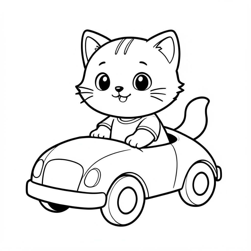 Baby cat sitting in a small toy car, happy expression, simple wheels and car shape, Kawaii baby cat, big round head, tiny body, short legs, small paws, simple cute pose matching activity, large round eyes, small black nose, cute smile, chubby cheeks, 3 small lines on forehead, simple whiskers, 
small ears with inner detail, smooth tail curved, wearing simple shirt, thick bold clean outline, same line weight, no color, no shading, no grayscale, no extra detail, large open spaces, simple background, 
kid friendly style, ages 3 to 6 --ar 2:3

