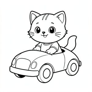 Baby cat sitting in a small toy car, happy expression, simple wheels and car shape, Kawaii baby cat, big round head, tiny body, short legs, small paws, simple cute pose matching activity, large round eyes, small black nose, cute smile, chubby cheeks, 3 small lines on forehead, simple whiskers, 
small ears with inner detail, smooth tail curved, wearing simple shirt, thick bold clean outline, same line weight, no color, no shading, no grayscale, no extra detail, large open spaces, simple background, 
kid friendly style, ages 3 to 6 --ar 2:3
