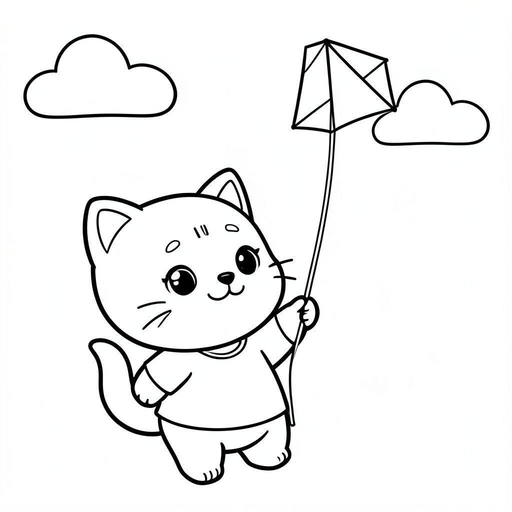 Baby cat holding a string flying a simple kite in the sky, minimal clouds, Kawaii baby cat, big round head, tiny body, short legs, small paws, simple cute pose matching activity, large round eyes, small black nose, cute smile, chubby cheeks, 3 small lines on forehead, simple whiskers, 
small ears with inner detail, smooth tail curved, wearing simple shirt, thick bold clean outline, same line weight, no color, no shading, no grayscale, no extra detail, large open spaces, simple background, 
kid friendly style, ages 3 to 6 --ar 2:3
