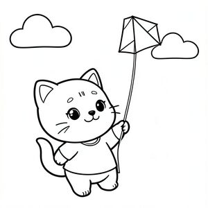 Baby cat holding a string flying a simple kite in the sky, minimal clouds, Kawaii baby cat, big round head, tiny body, short legs, small paws, simple cute pose matching activity, large round eyes, small black nose, cute smile, chubby cheeks, 3 small lines on forehead, simple whiskers, 
small ears with inner detail, smooth tail curved, wearing simple shirt, thick bold clean outline, same line weight, no color, no shading, no grayscale, no extra detail, large open spaces, simple background, 
kid friendly style, ages 3 to 6 --ar 2:3

