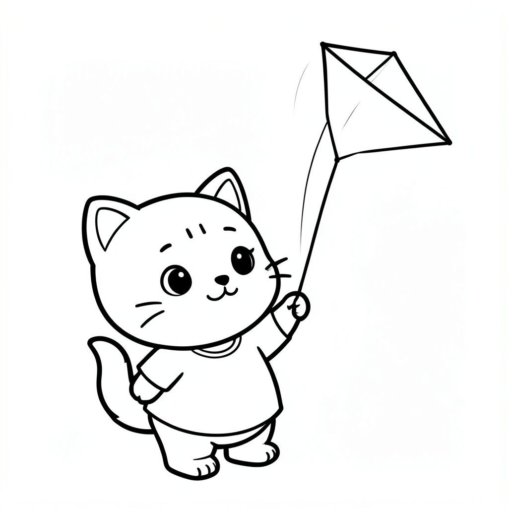 Baby cat holding a string flying a simple kite in the sky, clear and clean kite, Kawaii baby cat, big round head, tiny body, short legs, small paws, simple cute pose matching activity, large round eyes, small black nose, cute smile, chubby cheeks, 3 small lines on forehead, simple whiskers, 
small ears with inner detail, smooth tail curved, wearing simple shirt, thick bold clean outline, same line weight, no color, no shading, no grayscale, no extra detail, large open spaces, simple background, 
kid friendly style, ages 3 to 6 --ar 2:3
