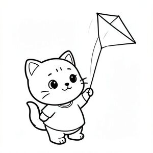 Baby cat holding a string flying a simple kite in the sky, clear and clean kite, Kawaii baby cat, big round head, tiny body, short legs, small paws, simple cute pose matching activity, large round eyes, small black nose, cute smile, chubby cheeks, 3 small lines on forehead, simple whiskers, 
small ears with inner detail, smooth tail curved, wearing simple shirt, thick bold clean outline, same line weight, no color, no shading, no grayscale, no extra detail, large open spaces, simple background, 
kid friendly style, ages 3 to 6 --ar 2:3
