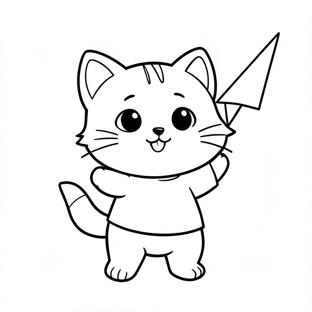 Baby cat holding and throwing a simple paper plane, happy expression, Kawaii baby cat, big round head, tiny body, short legs, small paws, simple cute pose matching activity, large round eyes, small black nose, cute smile, chubby cheeks, 3 small lines on forehead, simple whiskers, 
small ears with inner detail, smooth tail curved, wearing simple shirt, thick bold clean outline, same line weight, no color, no shading, no grayscale, no extra detail, large open spaces, simple background, 
kid friendly style, ages 3 to 6 --ar 2:3
