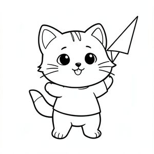 Baby cat holding and throwing a simple paper plane, happy expression, Kawaii baby cat, big round head, tiny body, short legs, small paws, simple cute pose matching activity, large round eyes, small black nose, cute smile, chubby cheeks, 3 small lines on forehead, simple whiskers, 
small ears with inner detail, smooth tail curved, wearing simple shirt, thick bold clean outline, same line weight, no color, no shading, no grayscale, no extra detail, large open spaces, simple background, 
kid friendly style, ages 3 to 6 --ar 2:3
