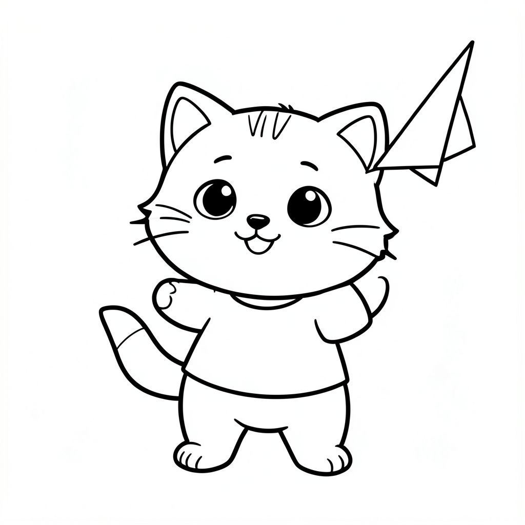 Baby cat holding and throwing a simple paper plane, paper plane must be clean and clear, happy expression, Kawaii baby cat, big round head, tiny body, short legs, small paws, simple cute pose matching activity, large round eyes, small black nose, cute smile, chubby cheeks, 3 small lines on forehead, simple whiskers, small ears with inner detail,  smooth tail curved, wearing simple shirt, thick bold clean outline, same line weight, no color, no shading, no grayscale, no extra detail, large open spaces, simple background, kid friendly style, ages 3 to 6 --ar 2:3