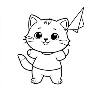 Baby cat holding and throwing a simple paper plane, paper plane must be clean and clear, happy expression, Kawaii baby cat, big round head, tiny body, short legs, small paws, simple cute pose matching activity, large round eyes, small black nose, cute smile, chubby cheeks, 3 small lines on forehead, simple whiskers, small ears with inner detail,  smooth tail curved, wearing simple shirt, thick bold clean outline, same line weight, no color, no shading, no grayscale, no extra detail, large open spaces, simple background, kid friendly style, ages 3 to 6 --ar 2:3