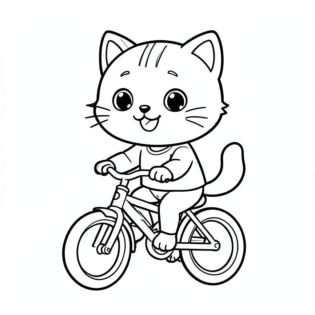 Mèo con đi xe đạp nhỏ đơn giản, khuôn mặt mỉm cười, biểu cảm hạnh phúc, mèo con Kawaii, đầu tròn to, thân hình nhỏ, chân ngắn, bàn chân nhỏ, hoạt động ghép tư thế dễ thương đơn giản, mắt to tròn, mũi đen nhỏ, nụ cười dễ thương, má mũm mĩm, 3 đường nhỏ trên trán, râu đơn giản, tai nhỏ có chi tiết bên trong, đuôi cong mịn, mặc áo sơ mi đơn giản,  Đường viền sạch sẽ dày đậm, cùng trọng lượng dòng, không màu, không đổ bóng, không thang độ xám, không có thêm chi tiết, không gian mở lớn, nền đơn giản, phong cách thân thiện với trẻ em, từ 3 đến 6 tuổi --ar 2: 3