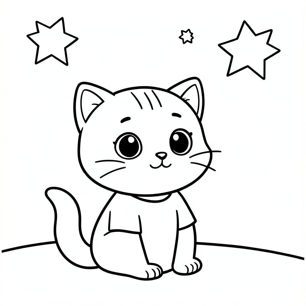 Baby cat sitting outside looking at simple stars in the sky, peaceful night scene, Kawaii baby cat, big round head, tiny body, short legs, small paws, simple cute pose matching activity, large round eyes, small black nose, cute smile, chubby cheeks, 3 small lines on forehead, simple whiskers, small ears with inner detail, smooth tail curved,  wearing simple shirt, thick bold clean outline, same line weight, no color, no shading, no grayscale, no extra detail, large open spaces, simple background, kid friendly style, ages 3 to 6 --ar 2:3