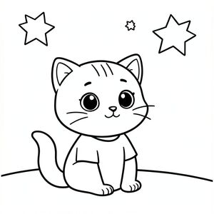 Baby cat sitting outside looking at simple stars in the sky, peaceful night scene, Kawaii baby cat, big round head, tiny body, short legs, small paws, simple cute pose matching activity, large round eyes, small black nose, cute smile, chubby cheeks, 3 small lines on forehead, simple whiskers, small ears with inner detail, smooth tail curved,  wearing simple shirt, thick bold clean outline, same line weight, no color, no shading, no grayscale, no extra detail, large open spaces, simple background, kid friendly style, ages 3 to 6 --ar 2:3