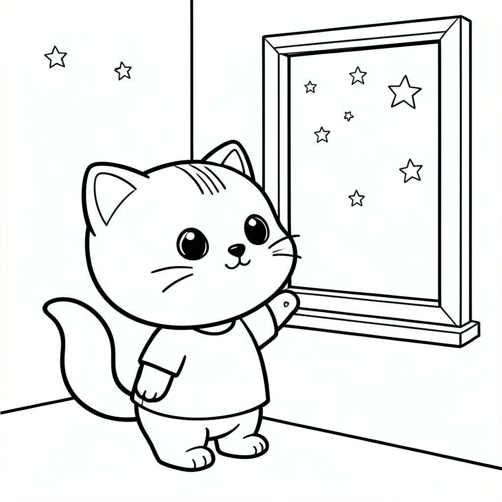 Baby cat  looking outside widow at simple stars in the sky, peaceful night scene, minimal window scene, Kawaii baby cat, big round head, tiny body, short legs, small paws, simple cute pose matching activity, large round eyes, small black nose, cute smile, chubby cheeks, 3 small lines on forehead, simple whiskers, small ears with inner detail,  smooth tail curved, wearing simple shirt, thick bold clean outline, same line weight, no color, no shading, no grayscale, no extra detail, large open spaces, simple background, kid friendly style, ages 3 to 6 --ar 2:3