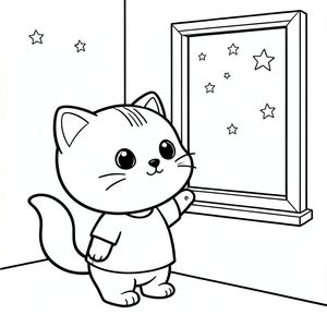 Baby cat  looking outside widow at simple stars in the sky, peaceful night scene, minimal window scene, Kawaii baby cat, big round head, tiny body, short legs, small paws, simple cute pose matching activity, large round eyes, small black nose, cute smile, chubby cheeks, 3 small lines on forehead, simple whiskers, small ears with inner detail,  smooth tail curved, wearing simple shirt, thick bold clean outline, same line weight, no color, no shading, no grayscale, no extra detail, large open spaces, simple background, kid friendly style, ages 3 to 6 --ar 2:3