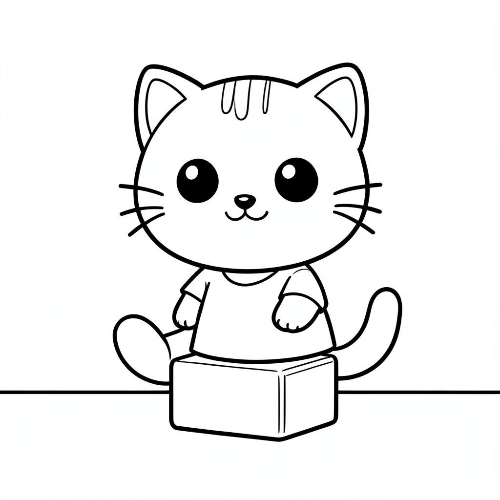 Kawaii baby cat stacking simple building blocks, focused cute expression, minimal floor background, Kawaii baby cat, big round head, tiny body, short legs, small paws, simple cute pose matching activity, large round eyes, small black nose, cute smile, chubby cheeks, 3 small lines on forehead, simple whiskers, 
small ears with inner detail, smooth tail curved, wearing simple shirt, thick bold clean outline, same line weight, no color, no shading, no grayscale, no extra detail, large open spaces, simple background, 
kid friendly style, ages 3 to 6 --ar 2:3
