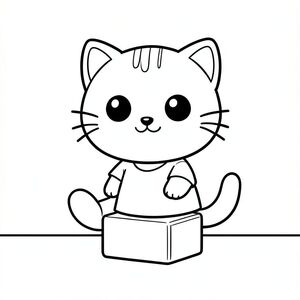 Kawaii baby cat stacking simple building blocks, focused cute expression, minimal floor background, Kawaii baby cat, big round head, tiny body, short legs, small paws, simple cute pose matching activity, large round eyes, small black nose, cute smile, chubby cheeks, 3 small lines on forehead, simple whiskers, 
small ears with inner detail, smooth tail curved, wearing simple shirt, thick bold clean outline, same line weight, no color, no shading, no grayscale, no extra detail, large open spaces, simple background, 
kid friendly style, ages 3 to 6 --ar 2:3
