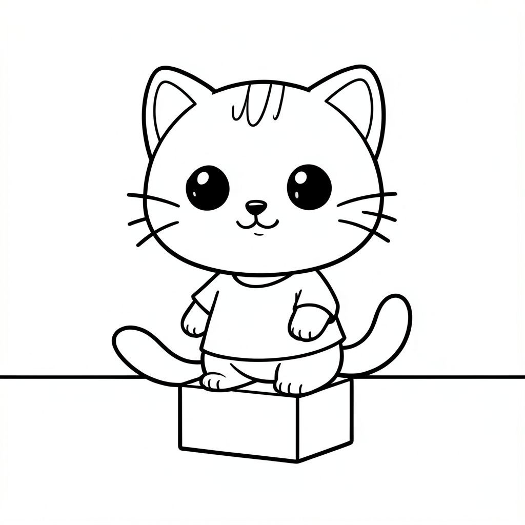 Kawaii baby cat stacking simple building blocks, minimal floor background, Kawaii baby cat, big round head, tiny body, short legs, small paws, simple cute pose matching activity, large round eyes, small black nose, cute smile, chubby cheeks, 3 small lines on forehead, simple whiskers, 
small ears with inner detail, smooth tail curved, wearing simple shirt, thick bold clean outline, same line weight, no color, no shading, no grayscale, no extra detail, large open spaces, simple background, 
kid friendly style, ages 3 to 6 --ar 2:3
