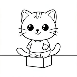 Kawaii baby cat stacking simple building blocks, minimal floor background, Kawaii baby cat, big round head, tiny body, short legs, small paws, simple cute pose matching activity, large round eyes, small black nose, cute smile, chubby cheeks, 3 small lines on forehead, simple whiskers, 
small ears with inner detail, smooth tail curved, wearing simple shirt, thick bold clean outline, same line weight, no color, no shading, no grayscale, no extra detail, large open spaces, simple background, 
kid friendly style, ages 3 to 6 --ar 2:3
