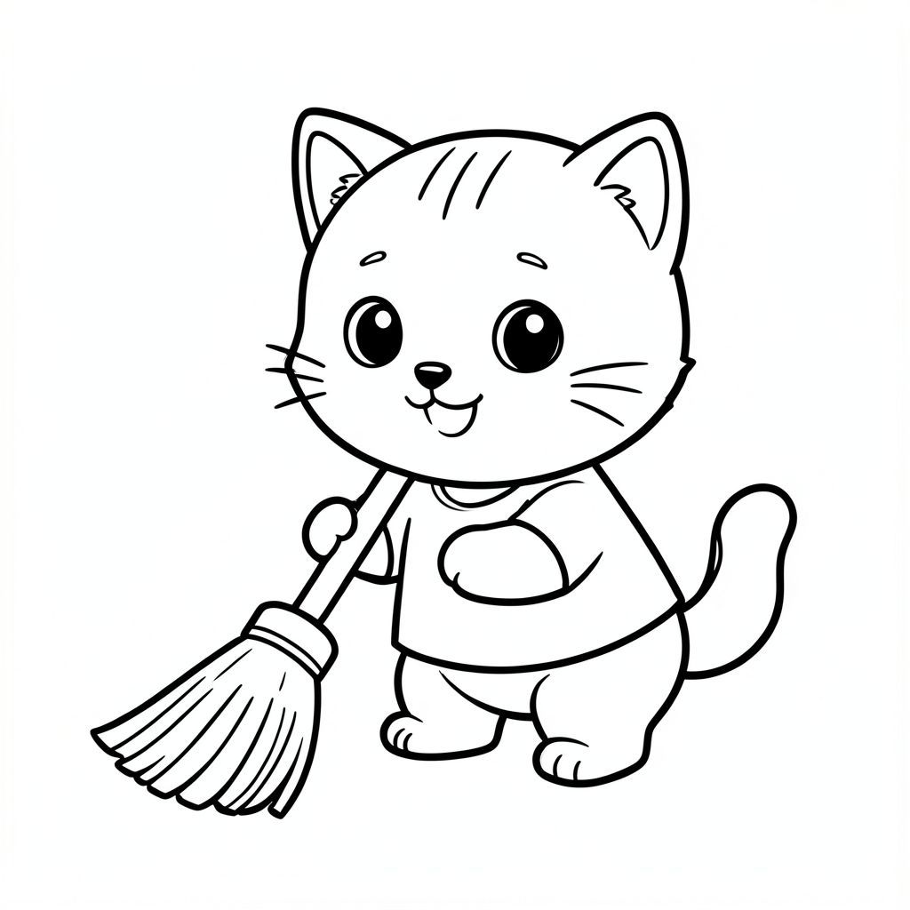 Baby cat holding a simple broom and cleaning floor, cheerful expression, Kawaii baby cat, big round head, tiny body, short legs, small paws, simple cute pose matching activity, large round eyes, small black nose, cute smile, chubby cheeks, 3 small lines on forehead, simple whiskers, 
small ears with inner detail, smooth tail curved, wearing simple shirt, thick bold clean outline, same line weight, no color, no shading, no grayscale, no extra detail, large open spaces, simple background, 
kid friendly style, ages 3 to 6 --ar 2:3
