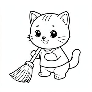 Baby cat holding a simple broom and cleaning floor, cheerful expression, Kawaii baby cat, big round head, tiny body, short legs, small paws, simple cute pose matching activity, large round eyes, small black nose, cute smile, chubby cheeks, 3 small lines on forehead, simple whiskers, 
small ears with inner detail, smooth tail curved, wearing simple shirt, thick bold clean outline, same line weight, no color, no shading, no grayscale, no extra detail, large open spaces, simple background, 
kid friendly style, ages 3 to 6 --ar 2:3