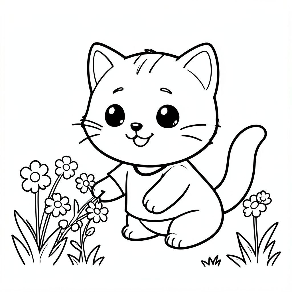 Baby cat picking small flowers in a garden, happy smiling face, simple grass and flower shapes, Kawaii baby cat, big round head, tiny body, short legs, small paws, simple cute pose matching activity, large round eyes, small black nose, cute smile, chubby cheeks, 3 small lines on forehead, simple whiskers, 
small ears with inner detail, smooth tail curved, wearing simple shirt, thick bold clean outline, same line weight, no color, no shading, no grayscale, no extra detail, large open spaces, simple background, 
kid friendly style, ages 3 to 6 --ar 2:3